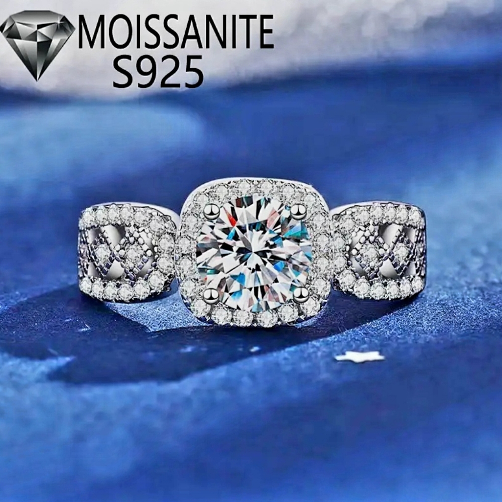 Ring Moissanite stone 2 CT.Luxury 925 Sterling Silver.Vintage Lace Square Design